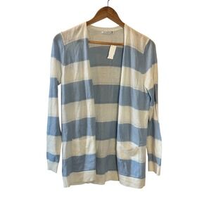 NWT Staccato Blue White Striped Open Cardigan Pointelle Knit Pockets Large Light